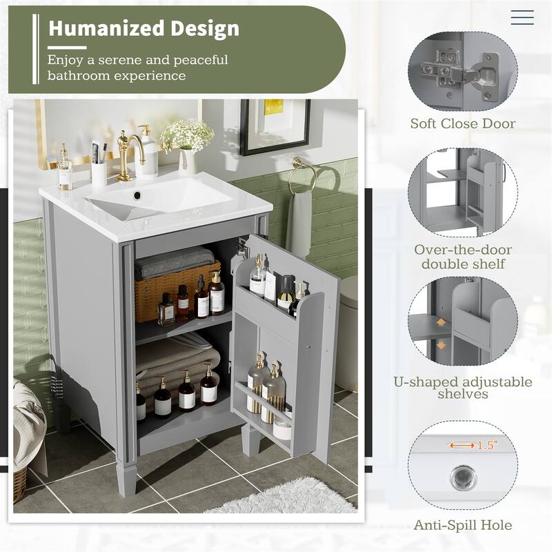 20" Small Bathroom Vanity with Ceramic Sink - Soft-Close Door, Adjustable U-Shaped Shelf, Freestanding Cabinet