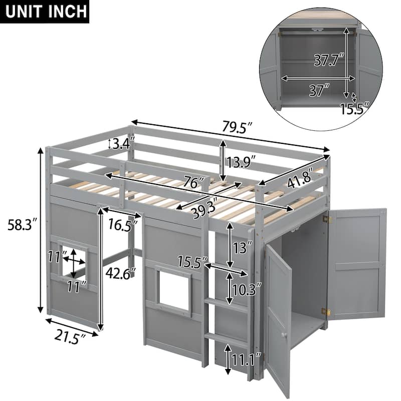 Wood Twin Size Loft Bed with Built-in Storage Wardrobe and 2 Windows w/Full-Length Guardrails, No Boxing Spring Needed