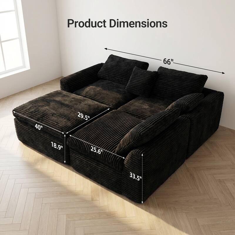 Corduroy Sectional Cloud Couch with Ottoman, 30 High-Density Boneless Sponge Sofa, L-Shape Deep Seat Corner Sofa