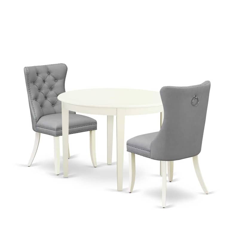 HomeStock 3-Pc Linen White Finish Round Solid Wood Top Dining Table Set