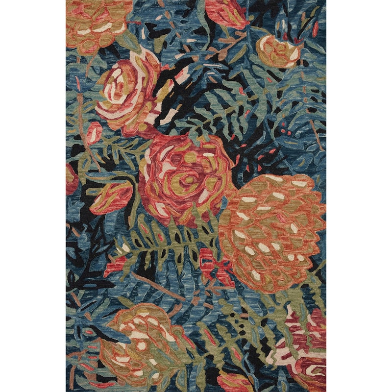 Alexander Home Evelyn Floral Bouquet Area Rug - 5' x 5' Round - Black / Sage / Berry - Runner/Round/Rectangle
