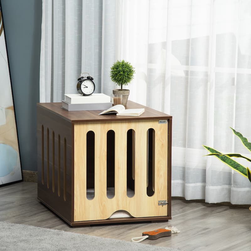Indoor Use Dog House Dog Crate End Table with Removable Door Panel Dog Crate Bed with Foam Cushion Safety Lock - Brown