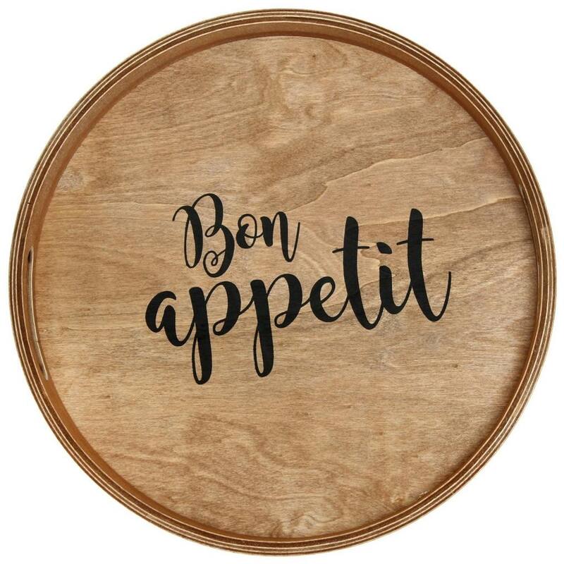 HomeRoots 14" Natural And Black Bon Appetit Round Serving Tray With Handles - 13.75 in. x 1.65 in. x 13.75 in.