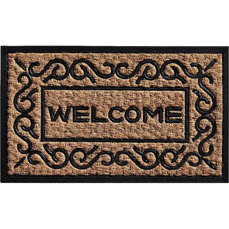 HomeRoots 18" X 30" Natural And Black Coir Welcome Outdoor Door Mat - 18' X '30