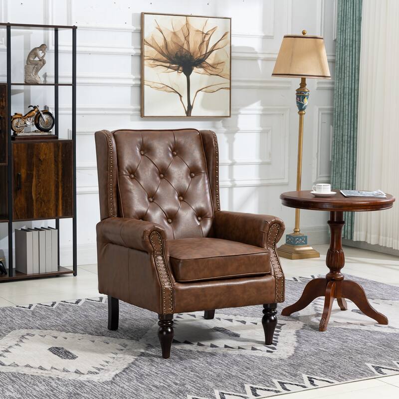 Mid-Century Velvet/Leather Upholstered Tufted Wood Frame Armchair