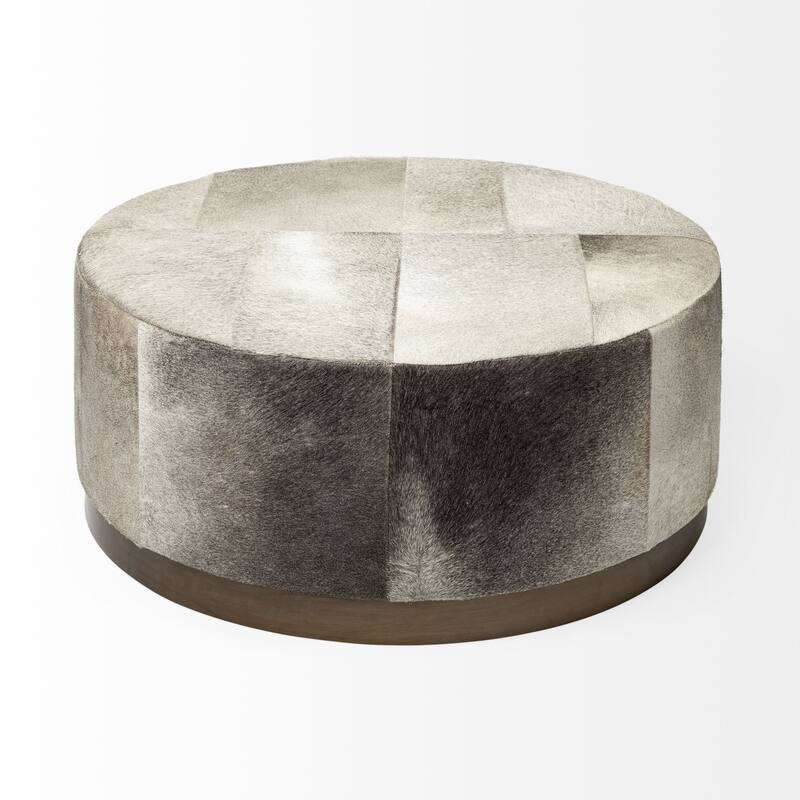 Zahavi Gray Hair-On-Hide w/ Gold Metal Base 36" Round Ottoman