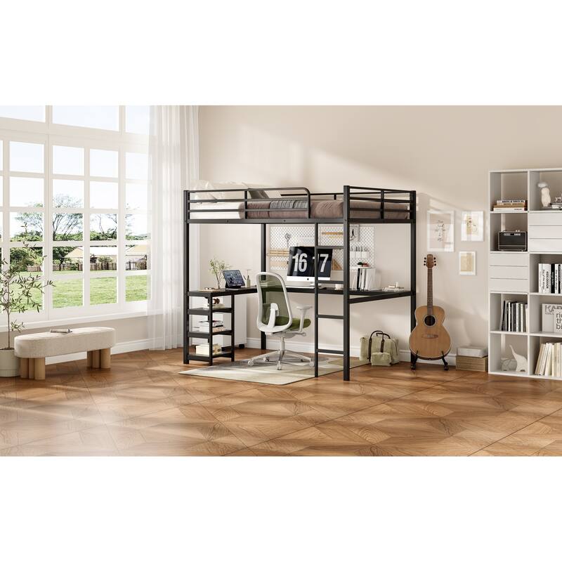 Full Size Loft Bed with L-Shaped Desk, Open Shelves, and Safety Guardrails, Heavy Duty Metal Frame, Black