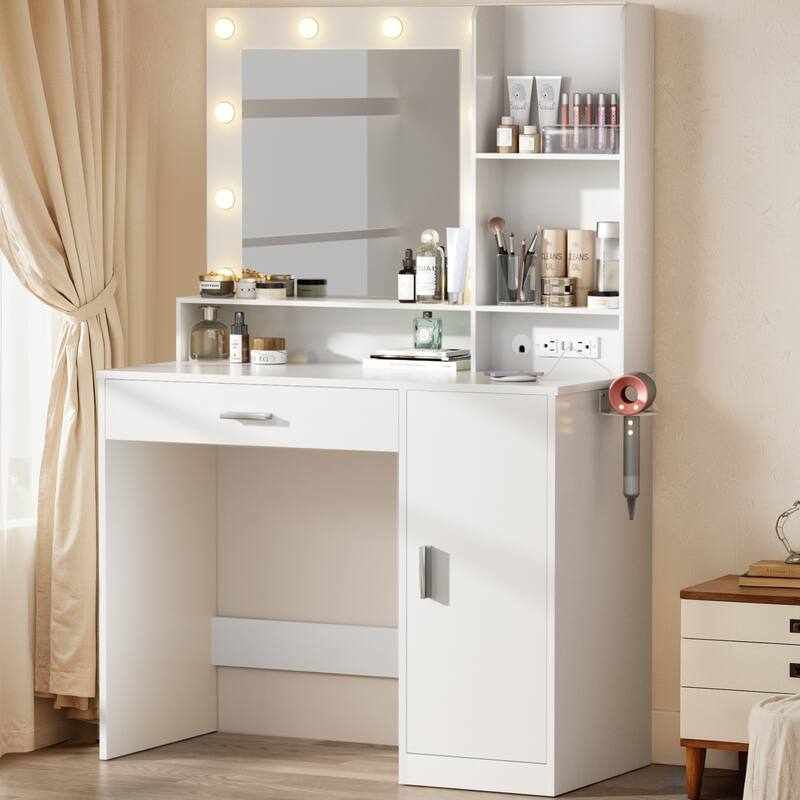 Furniwell Makeup Dresser Desk Table with Lighted Mirror,Vanity Desk with Charging Station, 1 Drawers, 10 LED Light