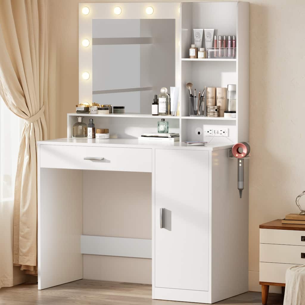 Furniwell Makeup Dresser Desk Table with Lighted Mirror,Vanity Desk with Charging Station, 1 Drawers, 10 LED Light