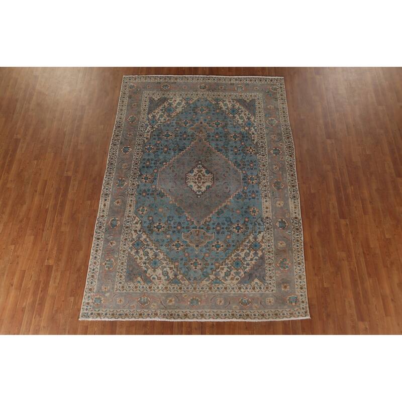 Blue Over-Dyed Tabriz Persian Vintage Rug Hand-Knotted Wool Carpet - 6'9"x 9'9"