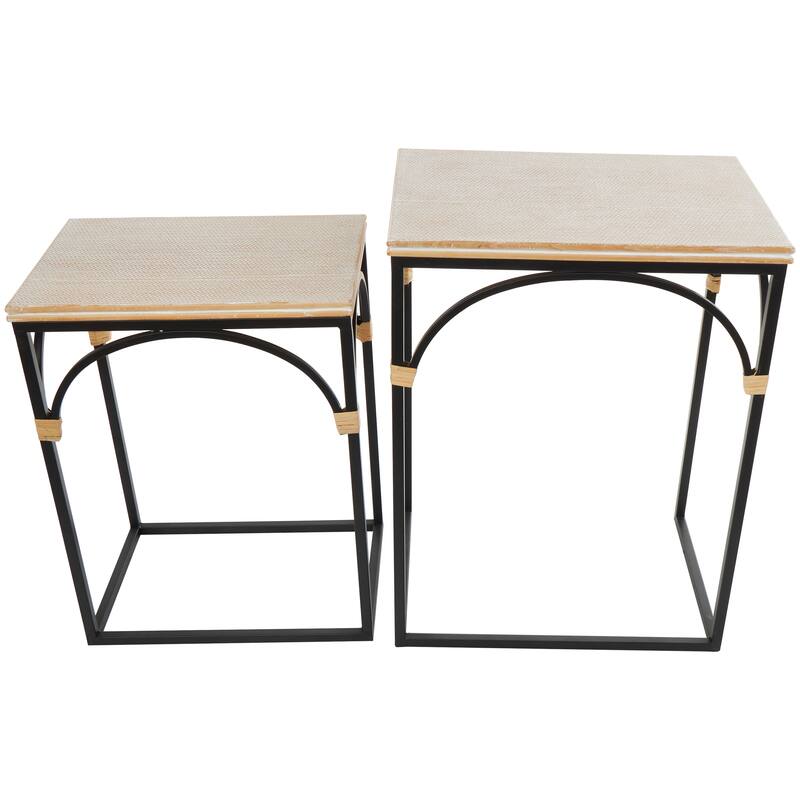 Black Metal Arched Accent Table with Wood Zig Zag Patterned Top and Rattan Accents (Set of 2)