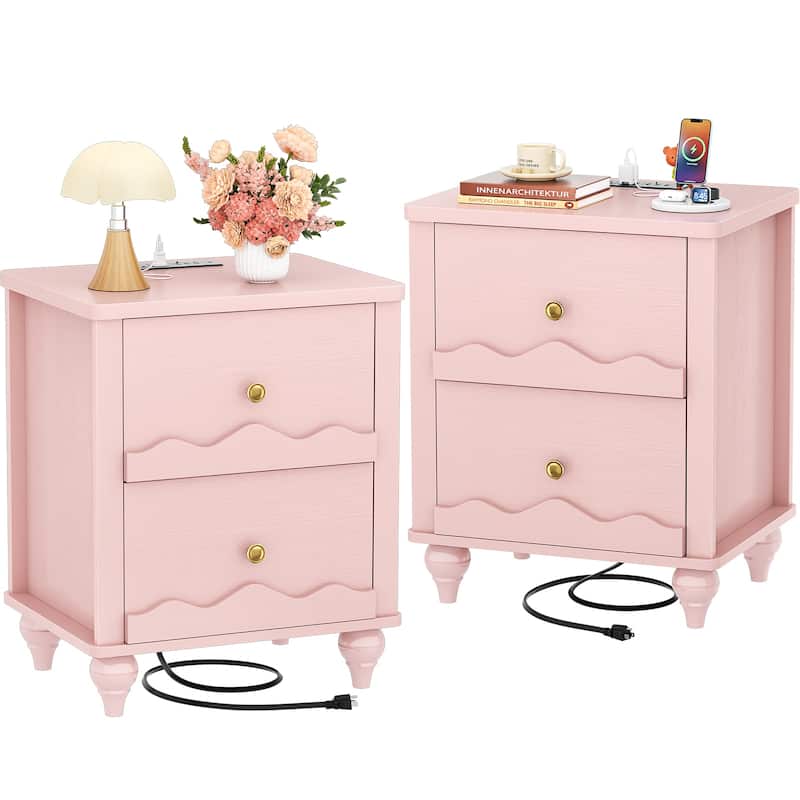 Modern Nightstand with Charging Station, Side End Table with 2 Drawers