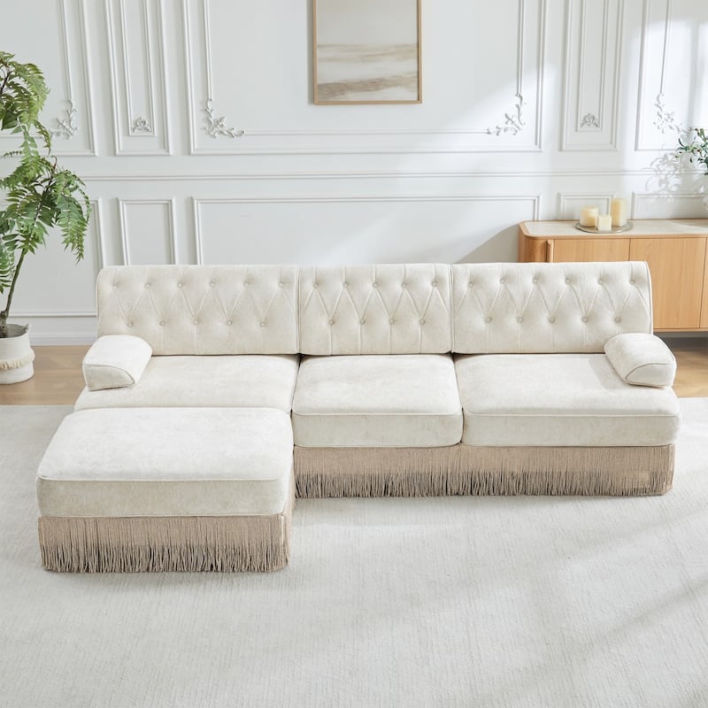 106" Velvet Sectional Sofa with Tassel Skirt Design and Ottoman - Beige