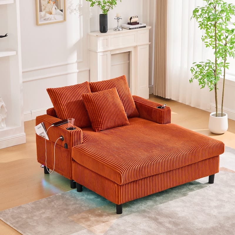 Modern Corduroy Oversized Recliner Sofa with Deep Seat, 3 Pillows, USB Charging, RGB LED Light Strip, Cup Holder, Side Pocket