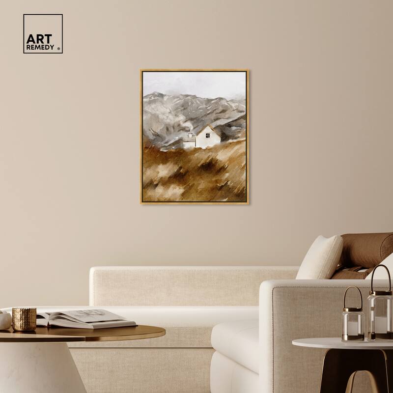 Art Remedy House In The Mountains Framed Landscape 1 Piece Canvas Wall Art Watercolor Style