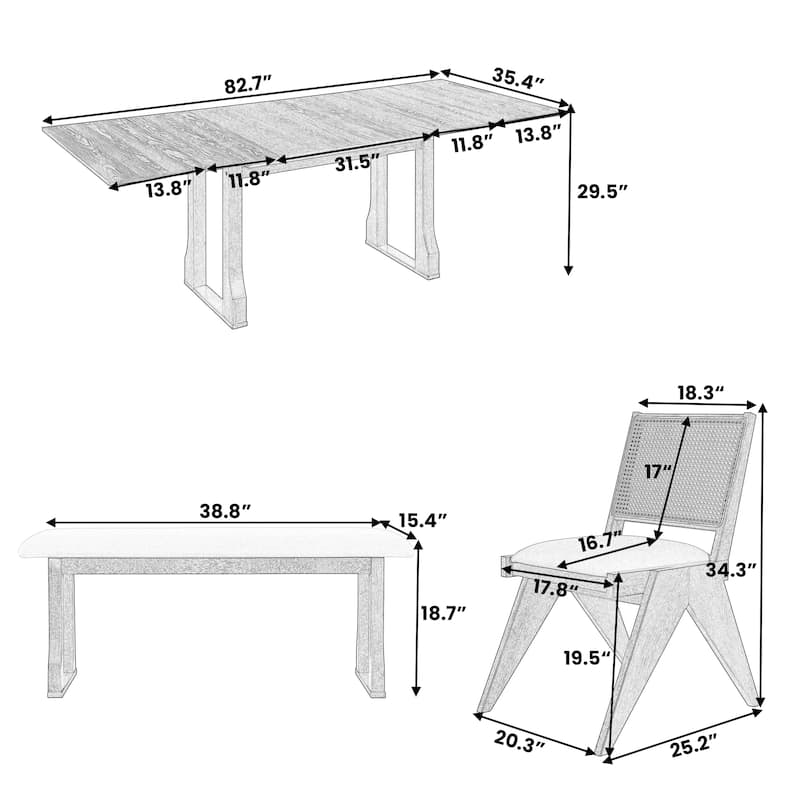 6 People Extendable Dining Table Set, Wood 6 Piece Dining Table and Chair Set with 4 Wicker Back Upholstered Chairs and Bench