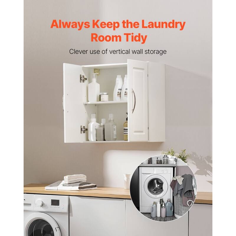 2-Tier White Wall Mounted Laundry Room Storage Cabinet with 2 Doors and Adjustable Shelves - 11.8 x 23.6 x 23.6 in