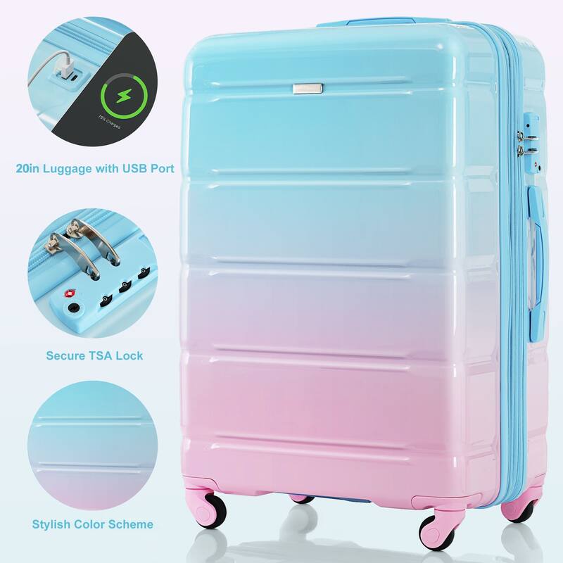 3-Piece, 20-Inch Modern Hard Shell Luggage with USB Port and Spinner Wheels, for Boarding Travel, Blue+Pink