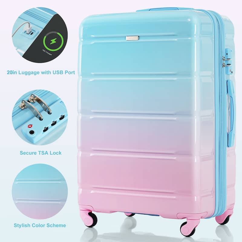 Luggage Set of 3, 20-inch with USB Port, Airline Certified Carry-on Luggage, ABS+PC Hard Shell Luggage with Spinner Wheels