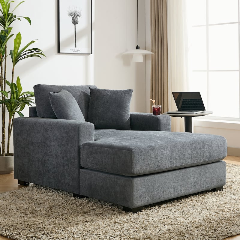 Chenille Fabric Chaise Lounges Couch with Pillows Charge Station and Cup Holders Lounge Chair Oversized Single Sofa Accent Chair