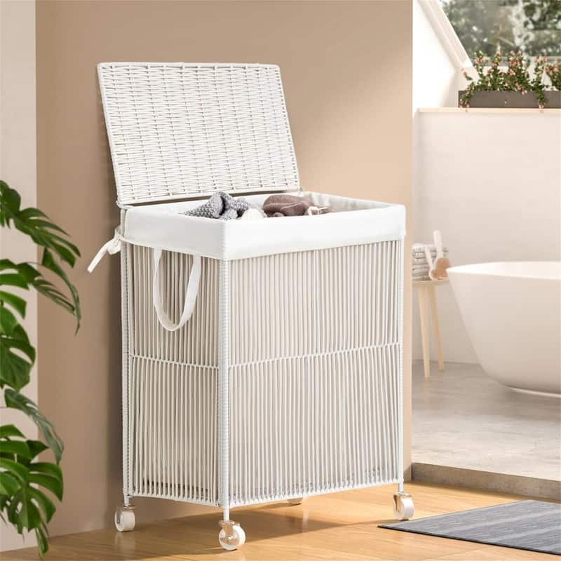 Handwoven Rolling Laundry Basket with Lid - 22"L x 13"W x 26.4"H - 22"L x 13"W x 26.4"H - White
