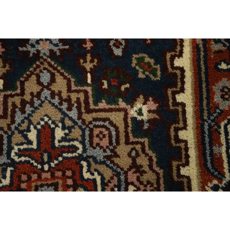 Hand Knotted Oriental 100% Wool Carpet Traditional Geometric Navy Blue & Blues Heriz (serapi) Runner Rug - 8' 4'' X 2' 5''