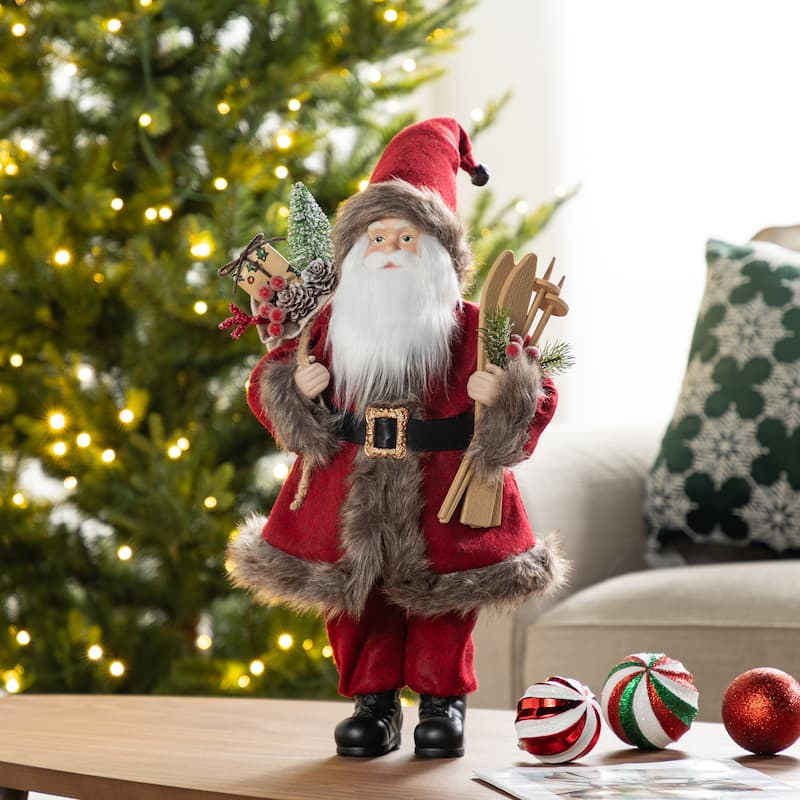 Glitzhome 18"H Faux Fur Christmas Santa Figurines with Porcelain Face - Red Woodland Santa