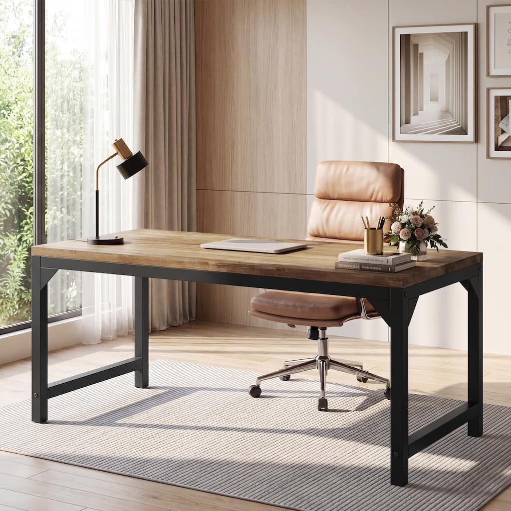 63" Solid Wood Executive Desk, Large Office Computer Desk with Sturdy Metal Frame