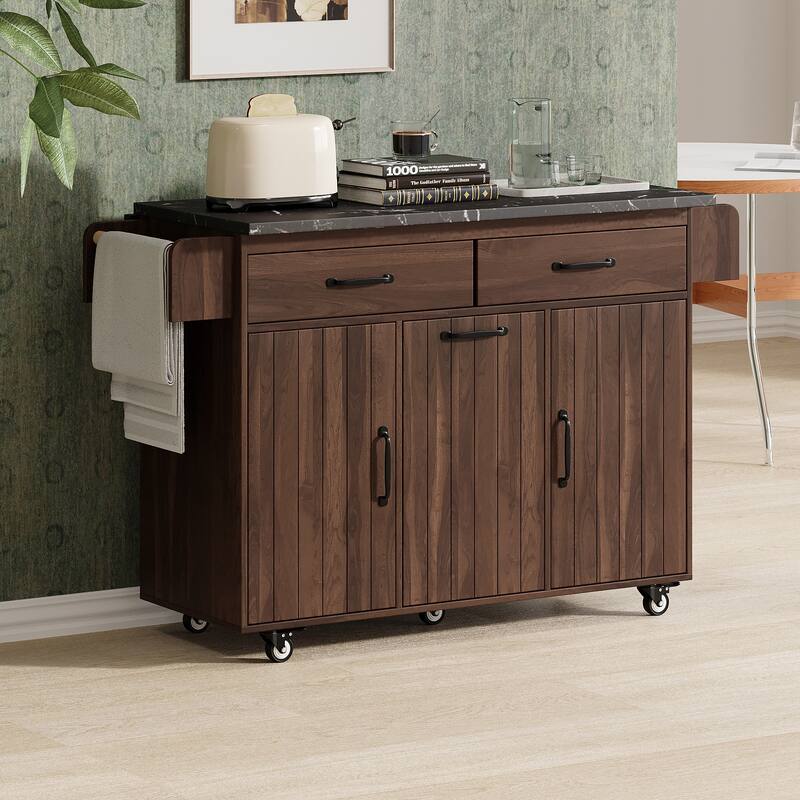 51.06'' Particle Board Kitchen Island with Drop Leaf, RollingWheels, Spice Rack, Towel Rack and Drawers - Walnut Brown