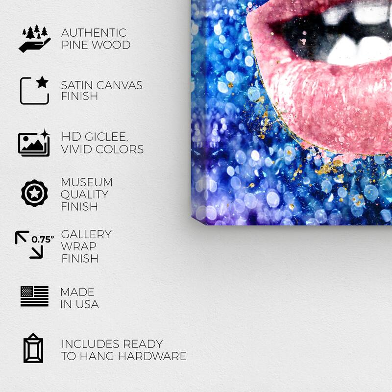 Wynwood Studio Fashion and Glam Glimmering Blue Lip Bite Blue and Glam Wall Art Canvas Print