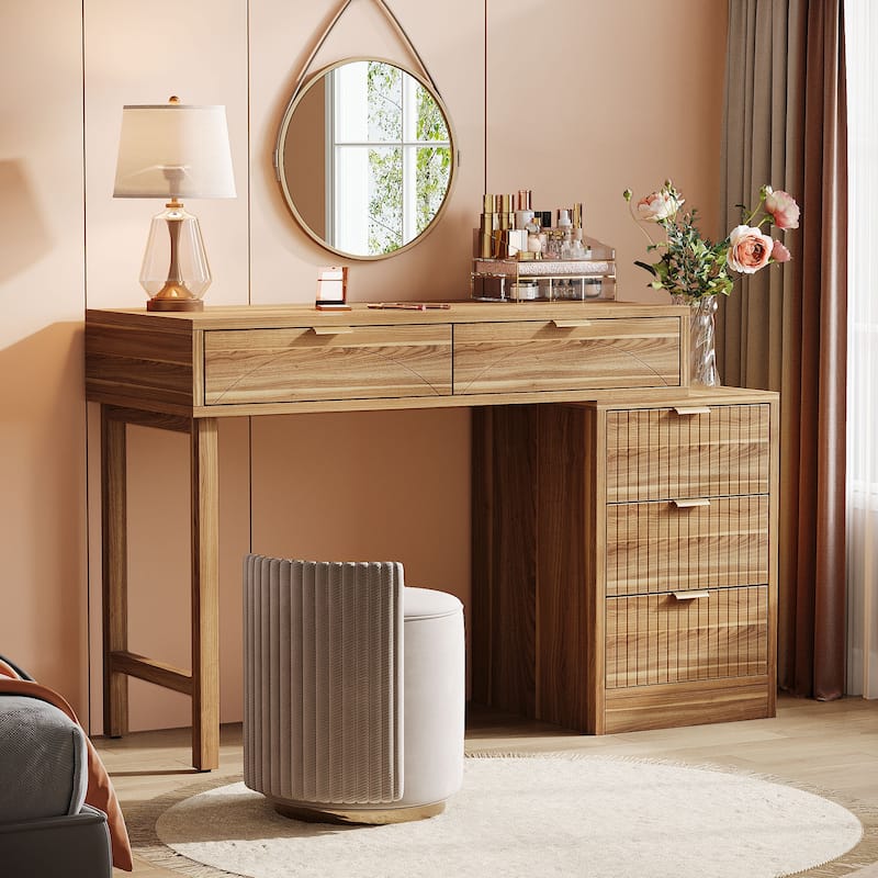 Modern Wood Makeup Vanity Desk Table with 5 Storage Drawers - Brown