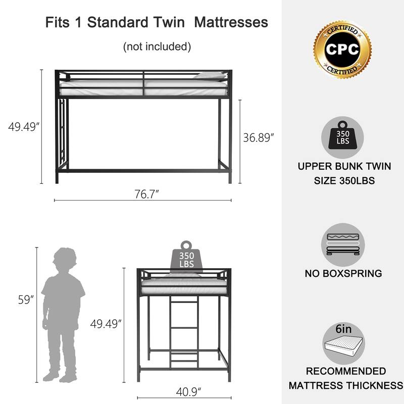 Space-Saving Junior Twin Loft Bed with Ladder & Guardrails for Kids - Black Metal Frame, No Box Spring Needed