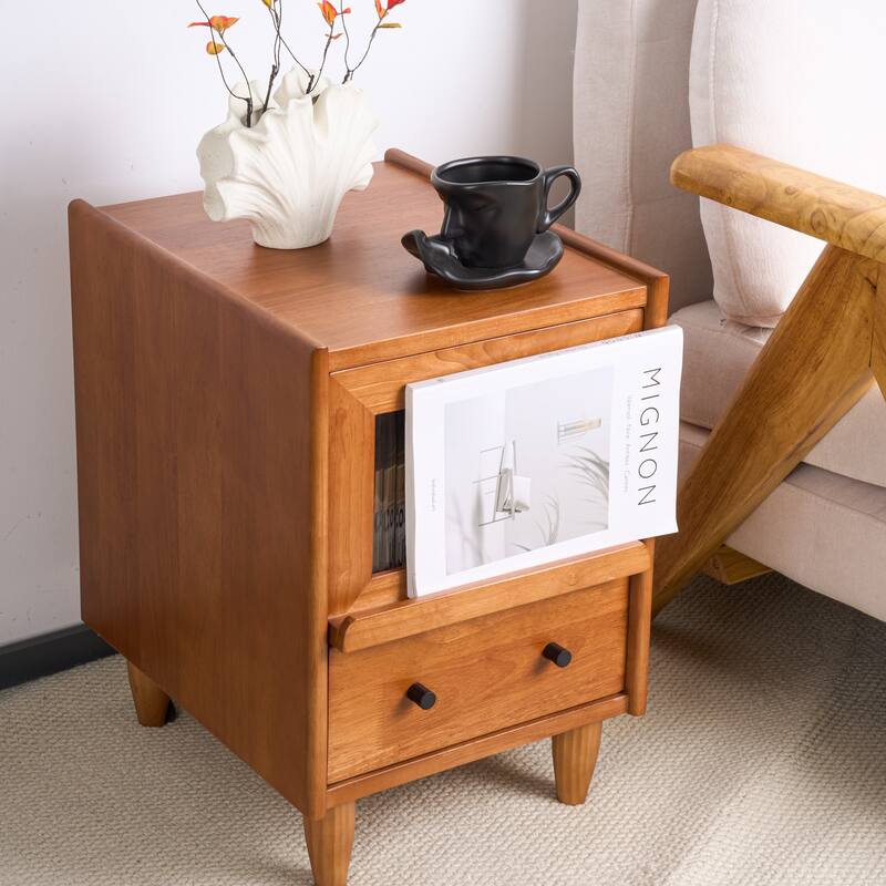 Traditional Vintage Pine Glass Nightstand 2-Drawer For Bedroom