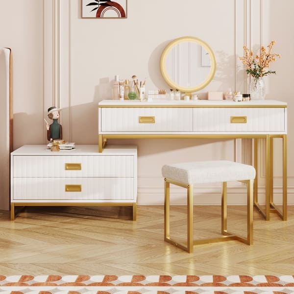 dressing table gold legs HOMCOM Dressing Table Set With Oval LED Mirror And Stool 2 Drawers White Gold Hairpin Legs