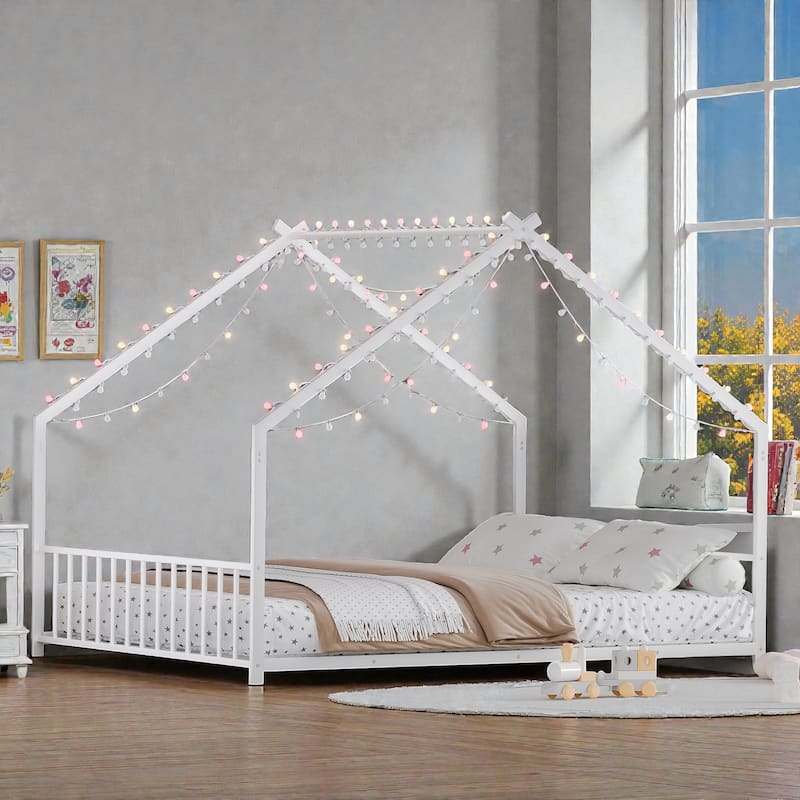 Full Size Kids House Bed Frame with LED Light Strips, Roof-Shaped Metal Floor Bed for Boys & Girls, No Box Spring Needed - White - Full