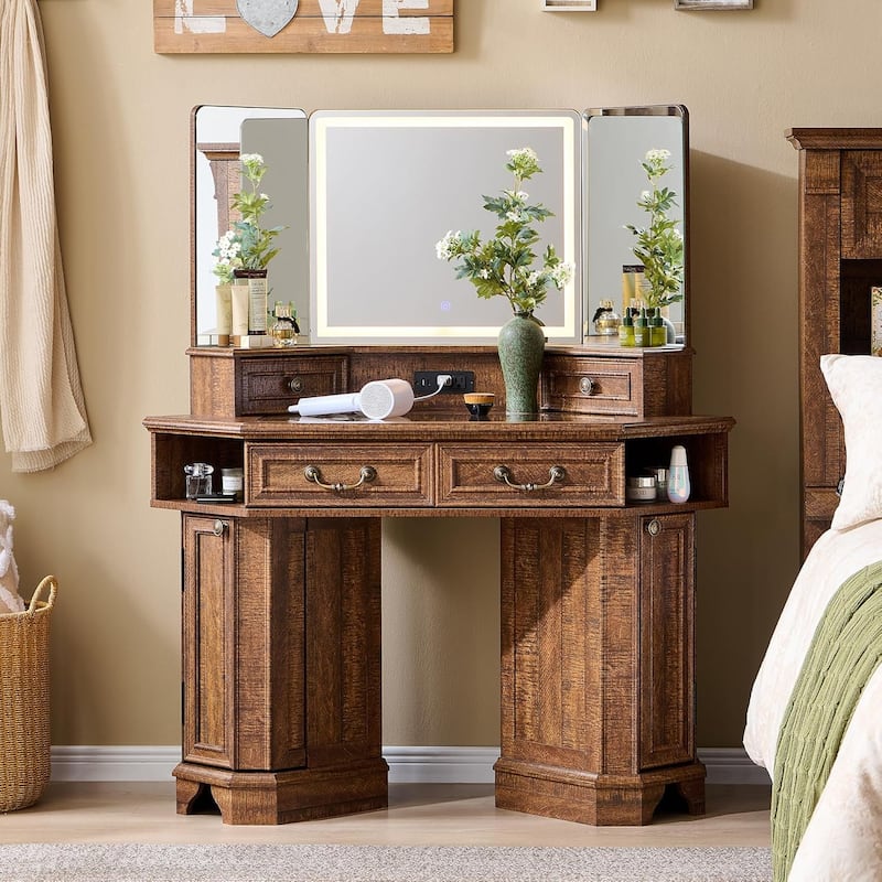 Makeup Vanity Desk with 3 Way Mirror, Glass Top & Charging Station