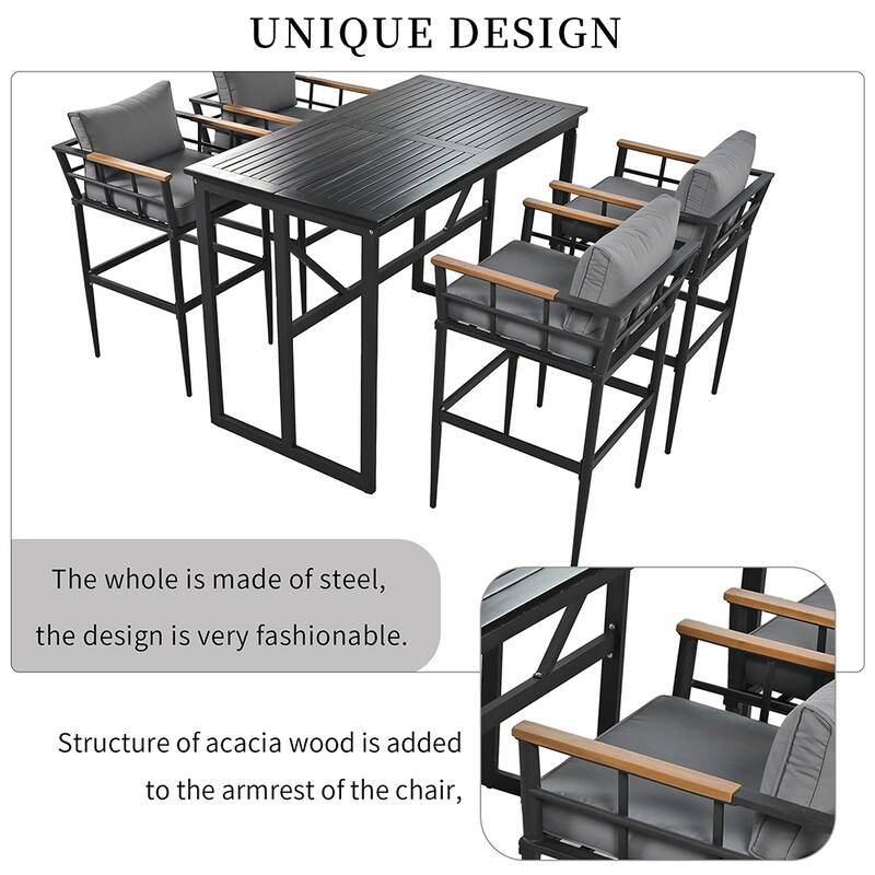 5-Piece Outdoor Steel Dining Set w/4 Chairs, Patio Bar Set,Cushions