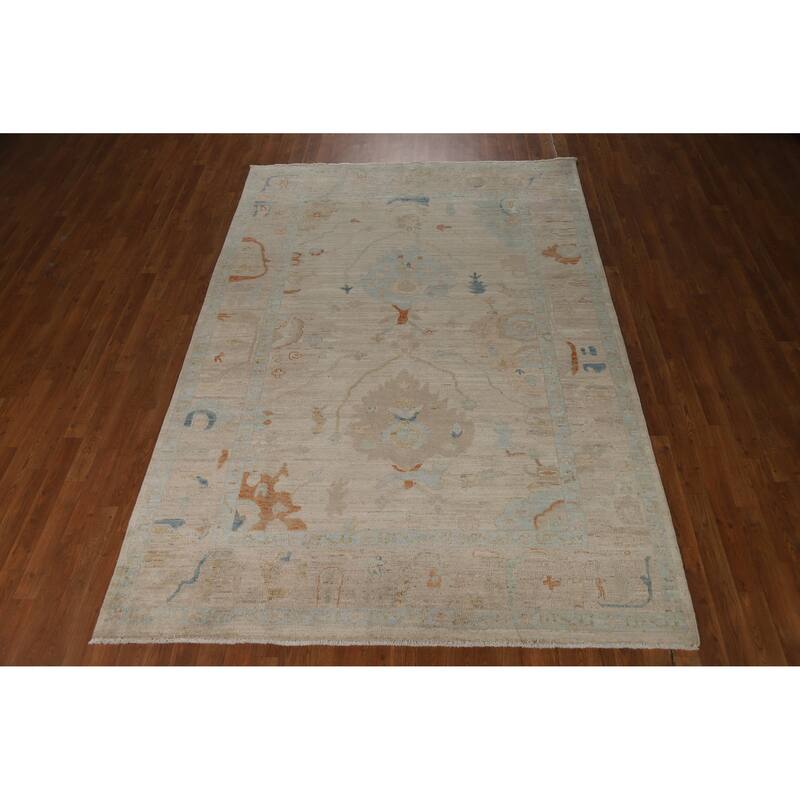 Hand Knotted Oriental 100% Wool Carpet Transitional All-Over Beige & Ivories Oushak Area Rug - 8' 10'' X 6' 2''