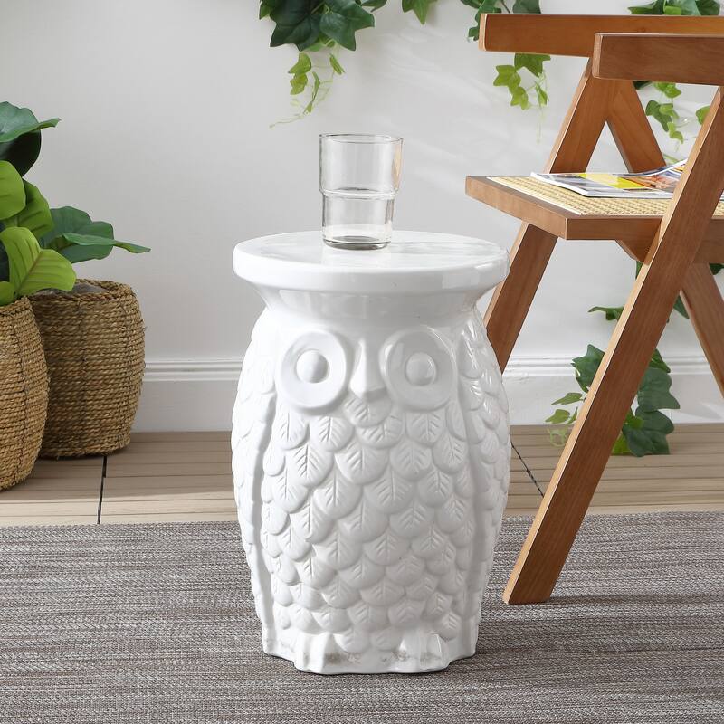 Groovy Owl 17.5" Ceramic Garden Stool, White by JONATHAN Y