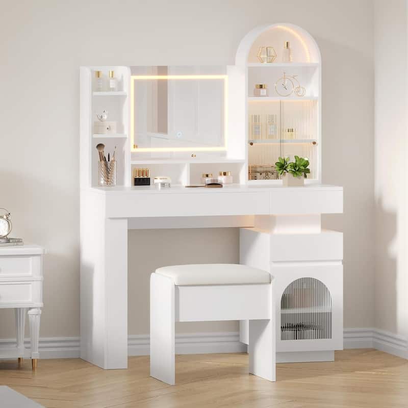 Makeup Vanity Desk with Mirror and Lights, Dressing Table with 3 Drawers and 11 Storage Shelves
