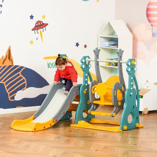 slide 2 of 9, Qaba Extra Safe Baby Slide and Swing Set for Toddlers with Basketball Hoop, 3-in-1 Toddler Playset 2-4 Years