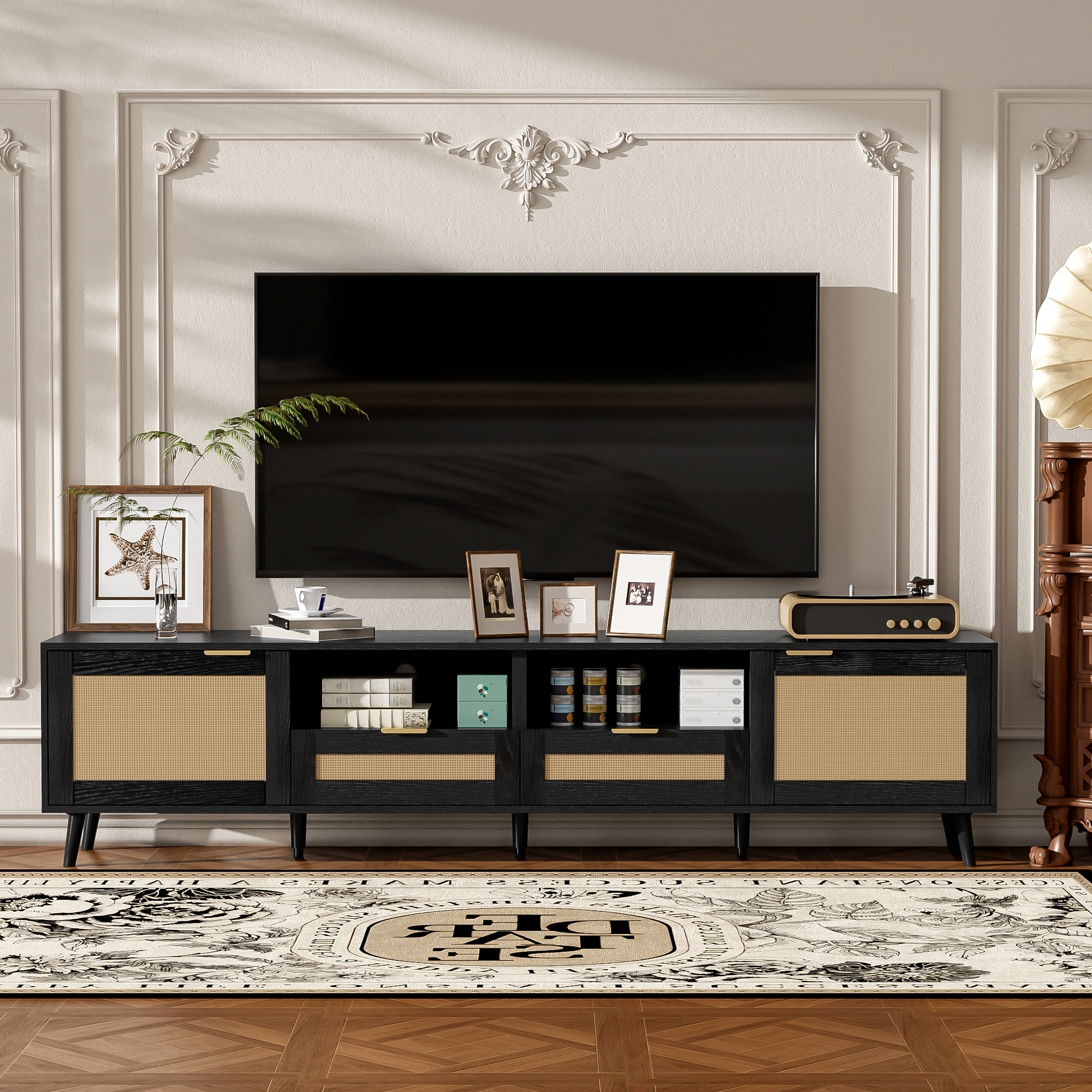 Farmhouse Rattan TV Stand Media Console, for TVs up to 85" with 2 Storage Cabinets and 2 Open Shelves, for Living Room