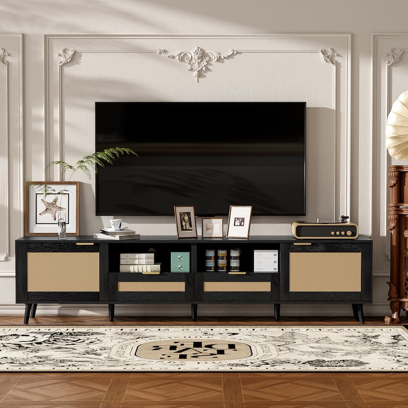 Rattan TV Stand for TVs up to 85'', Modern Farmhouse Media Console, Entertainment Center with Solid Wood Legs - Black
