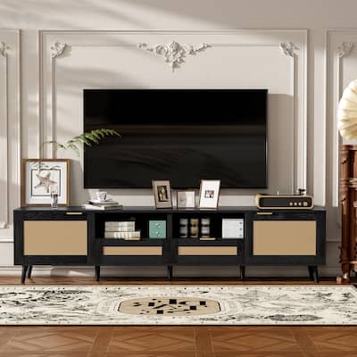 Rattan TV Stand for TVs up to 85'', Modern Farmhouse Media Console, Entertainment Center with Solid Wood Legs
