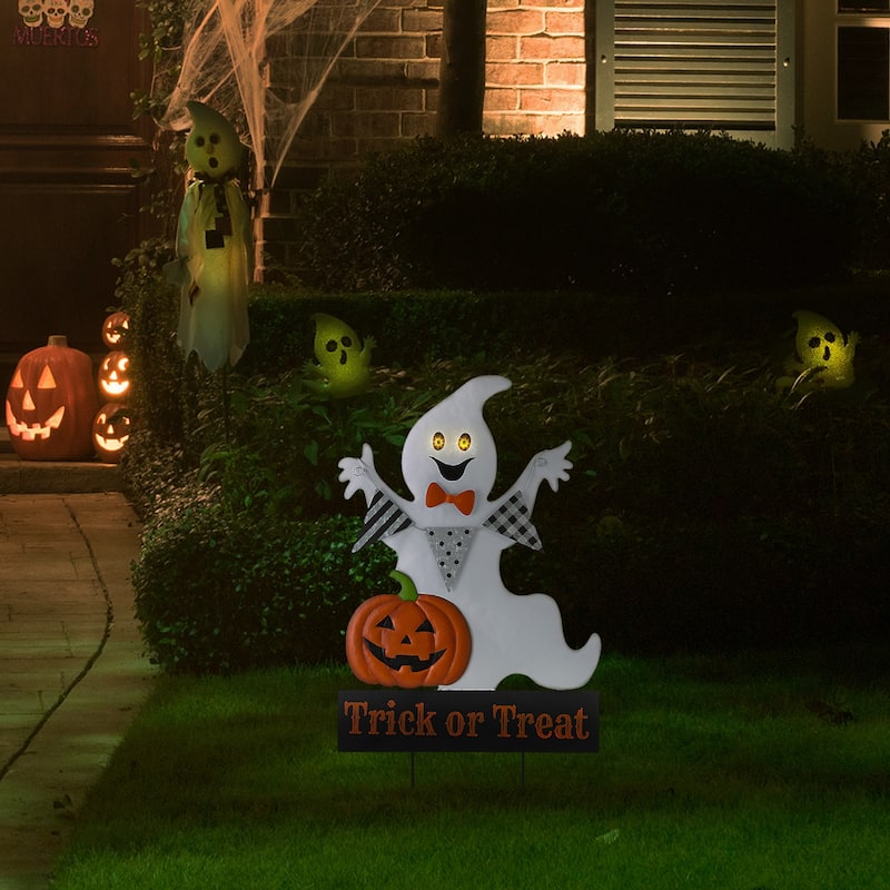 Glitzhome 32"H Lighted Halloween Metal Ghost Yard Stake Hanging Decor with Timer