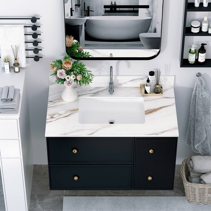 31 Inch Marble Vanity Top,Bathroom Vanity Top with Undermount Rectangular Middle Sink and 4 Inch Height Backsplash - White Marble3