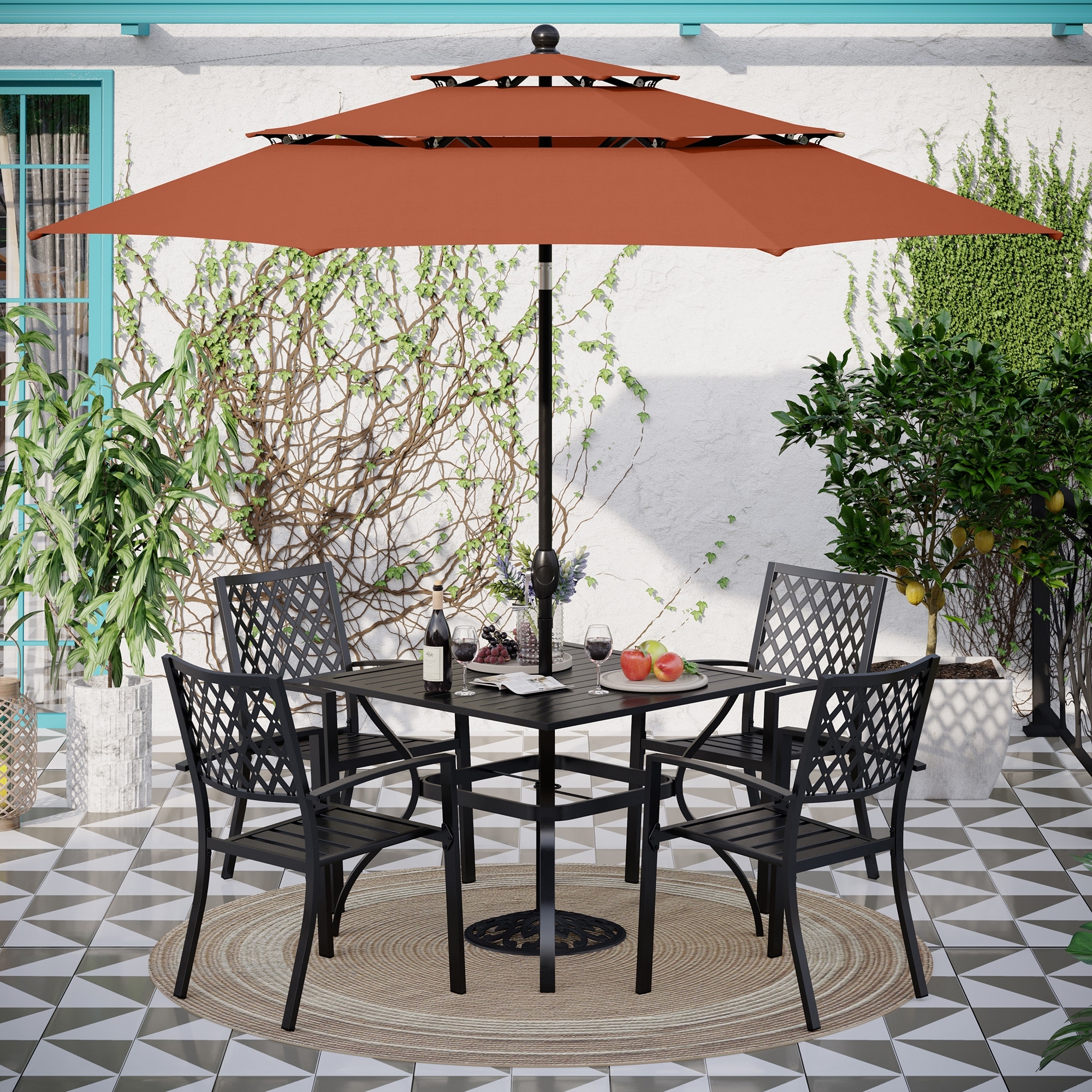 Metal patio set with cheap umbrella