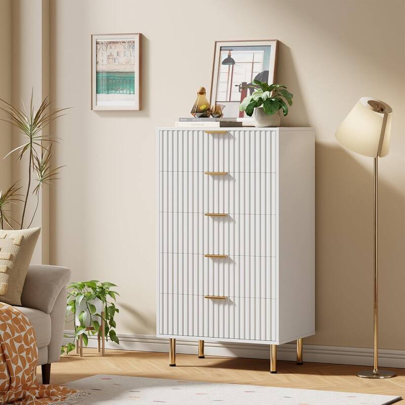Fluted 5 Drawer Storage Dresser, Tall Chest with Deep Drawers and Wide Top, Wooden Organizer for Living Room - White