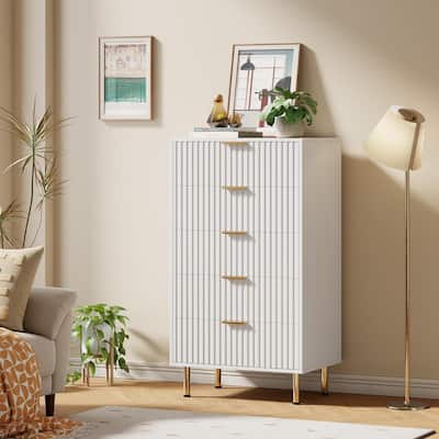 Fluted 5 Drawer Storage Dresser, Tall Chest with Deep Drawers and Wide Top, Wooden Organizer for Living Room