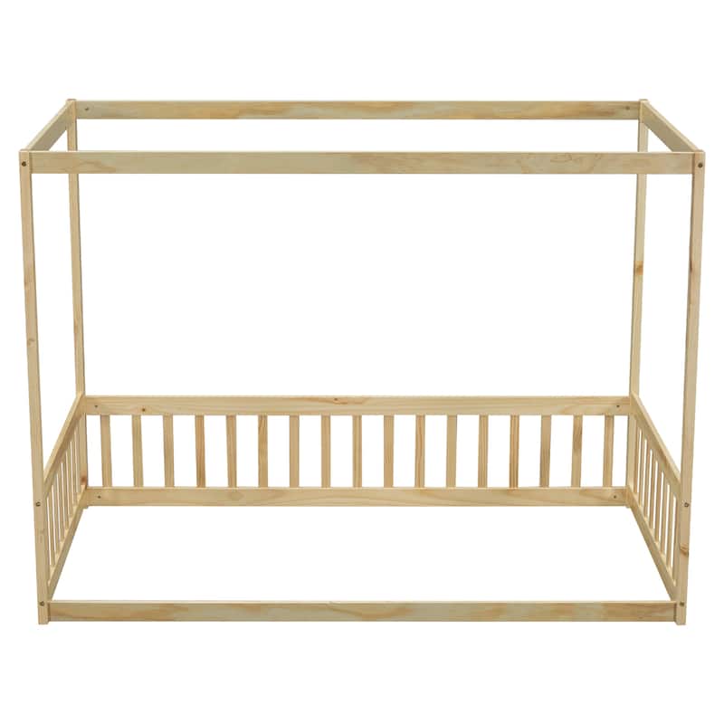 Canopy Frame Floor Bed with Fence and Guardrails